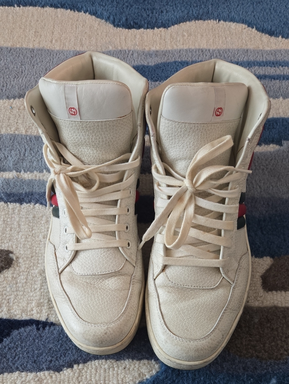 Gucci High-Top Leather Sneakers in Off-White with Red & Green Accents